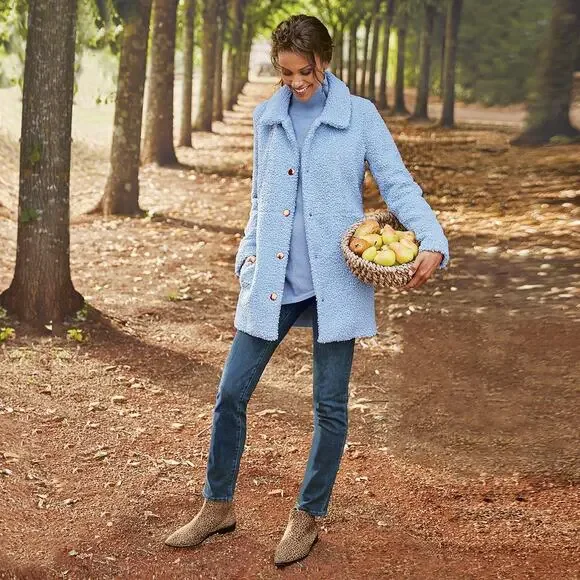 Soft Surroundings Contesse Long Sleeve Faux Sherpa Coat Carolina Blue Medium - Picture 11 of 11